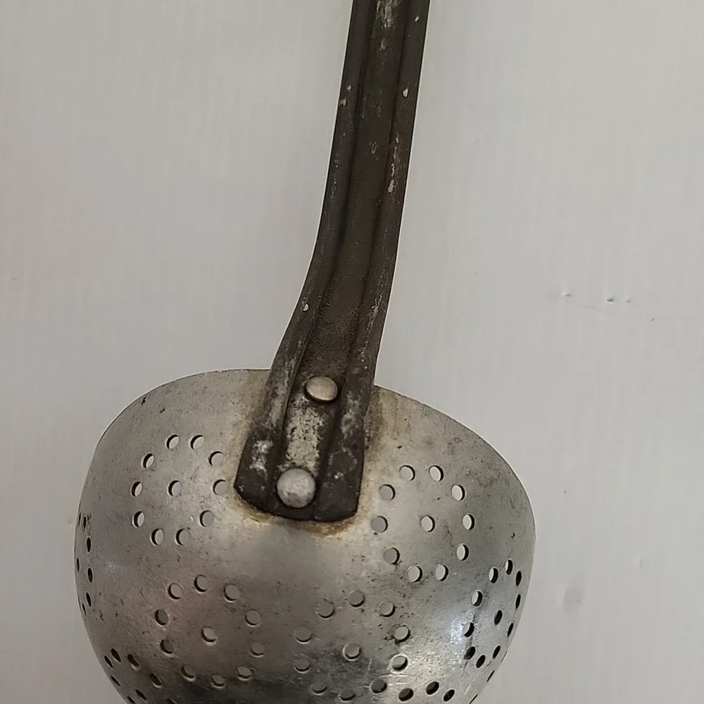 Antique Gray Perforated Dipper  Enamelware Kitchen Ladle